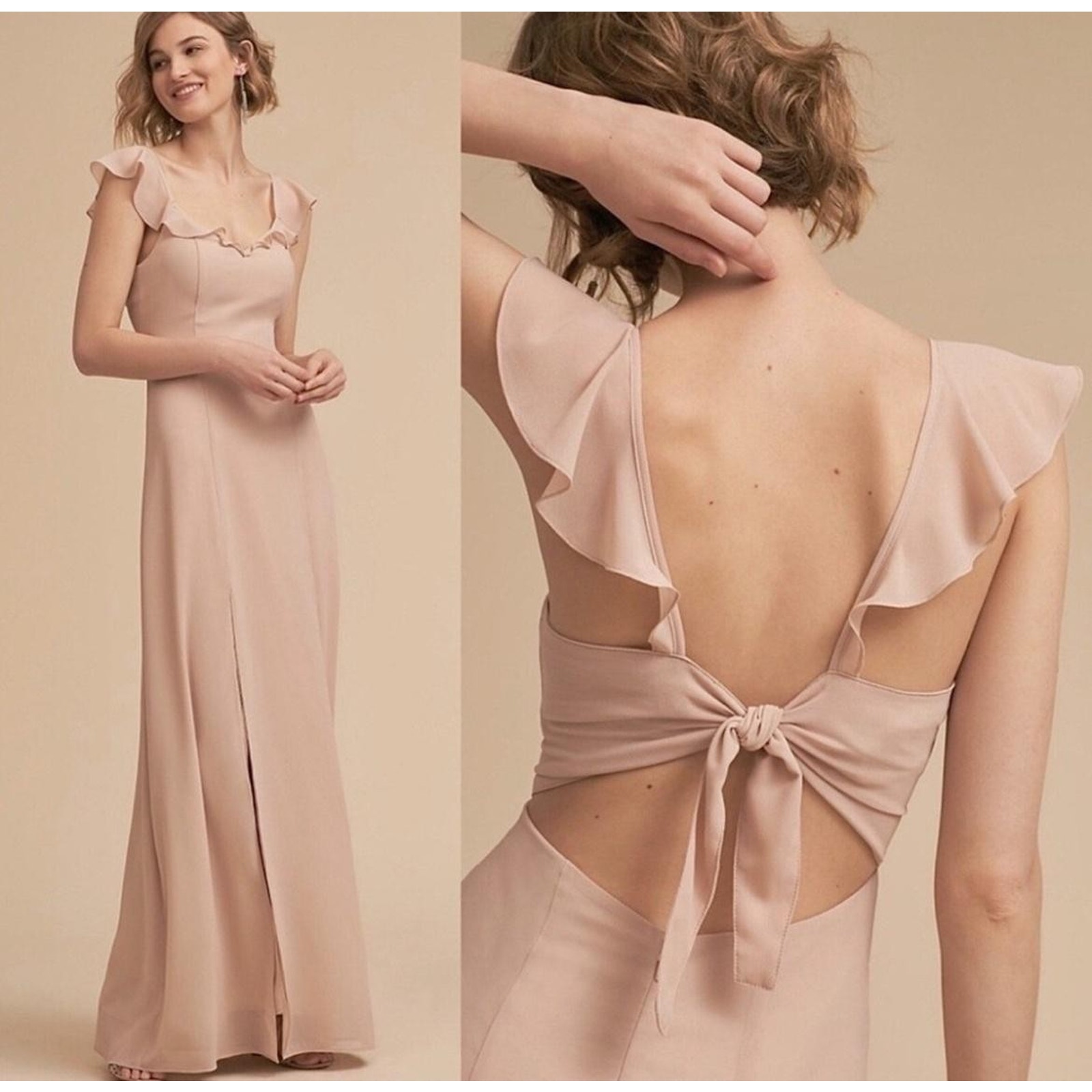 Bhldn Maxi Dress Womens Small Diana Nude Ruffle Flutter Sleeve Open Back Formal